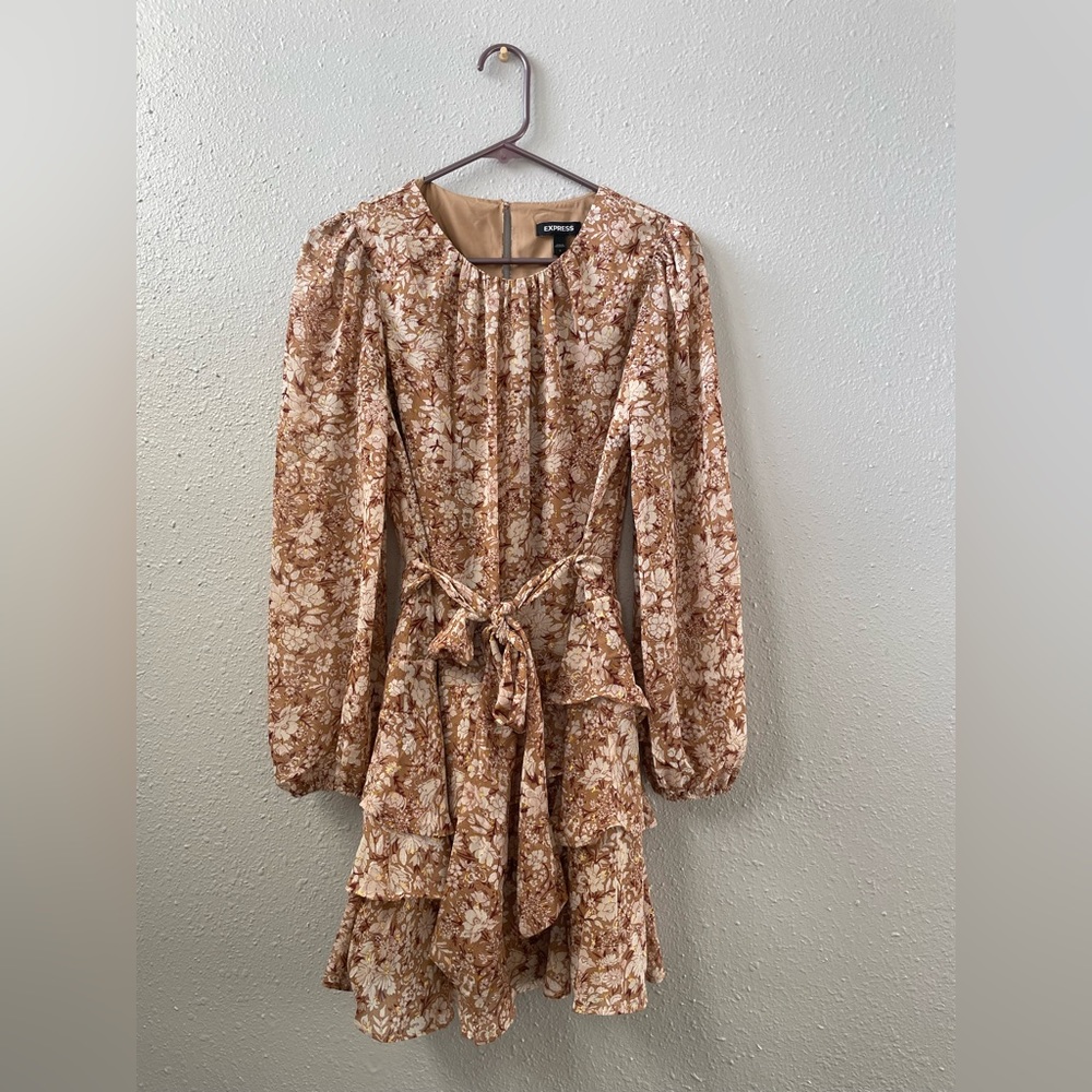 EXPRESS Metallic Floral Tie Waist Tiered Ruffle Mini Dress | WORN ONCE